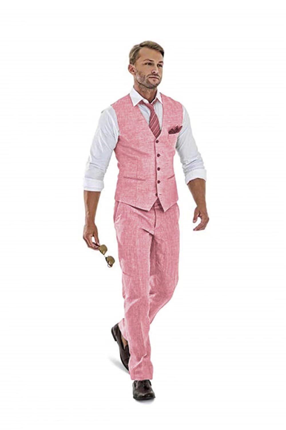 High-End Suits for Men 2 Pieces Pink Wedding Tuxedos Vest Pant Set Thin Linen Casual Men Suits for Groomsmen Slim Fit Fashion Summer Suits pk-4842