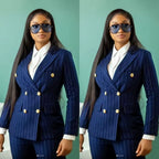 Navy Blue Pinstripe Women's Slim Fit Tuxedo Suit
