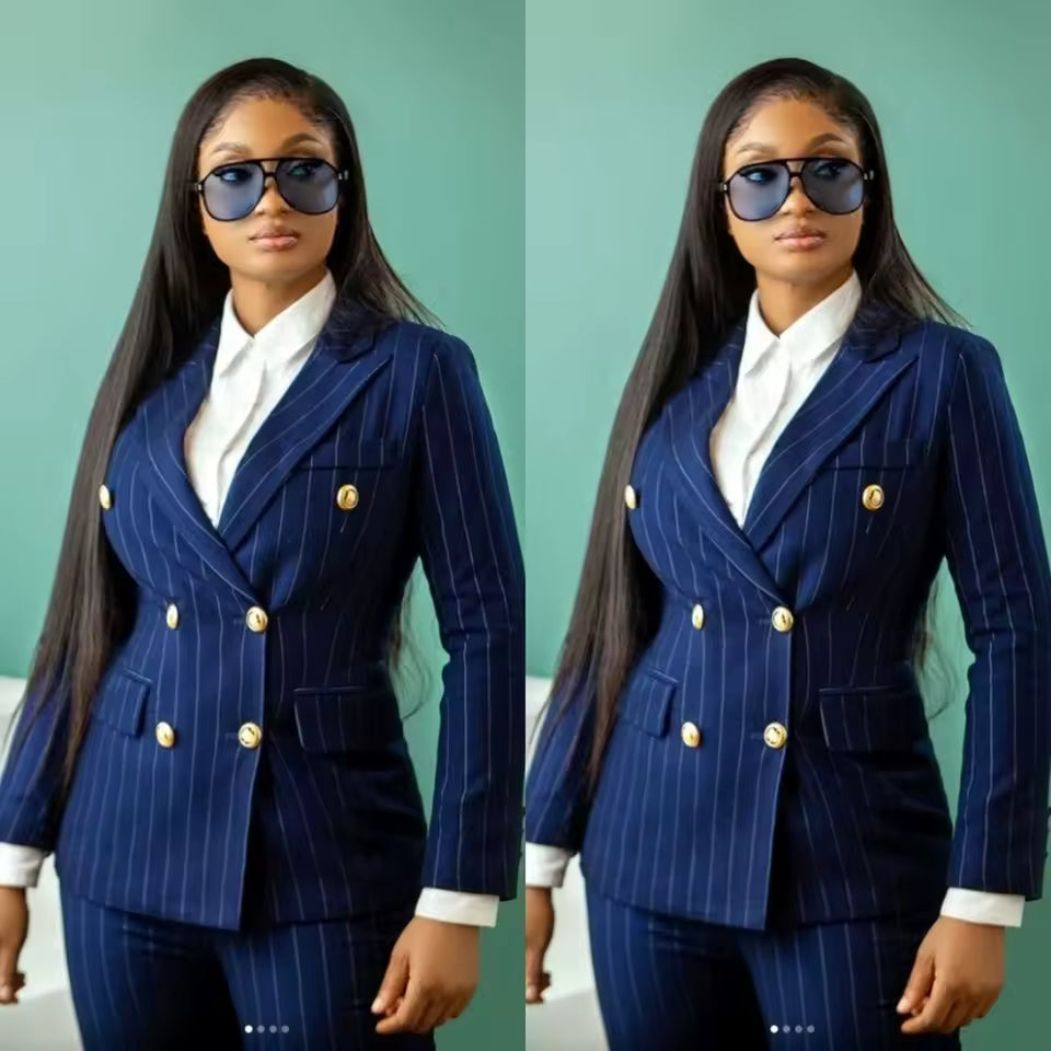 Navy Blue Pinstripe Women's Slim Fit Tuxedo Suit