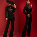 Women's Black Satin Lapel Pantsuit