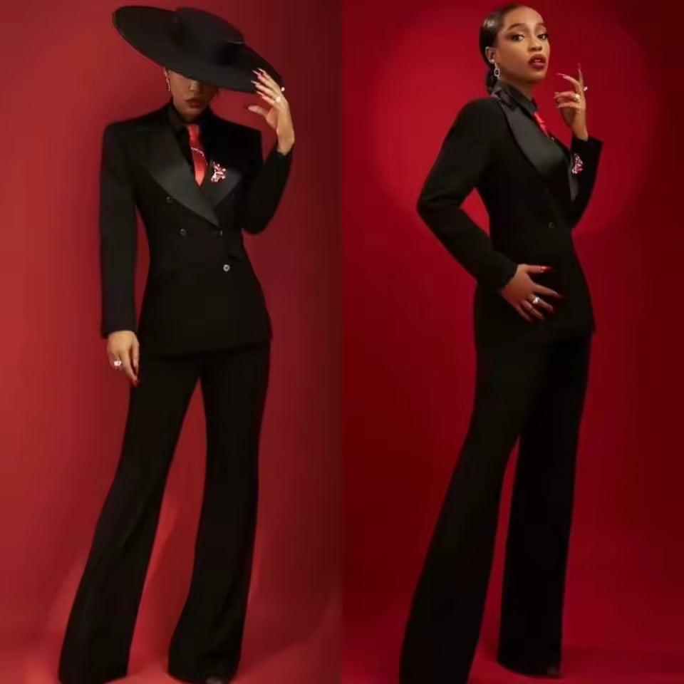 Women's Black Satin Lapel Pantsuit