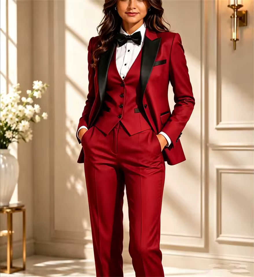 Women’s Burgundy 3 Piece Tuxedo Suit