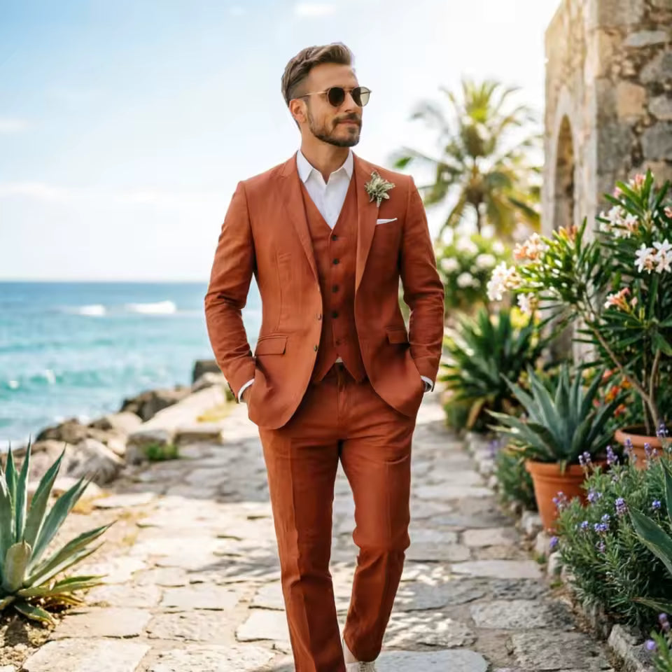 Caramel Linen Three Piece Men’s Suit