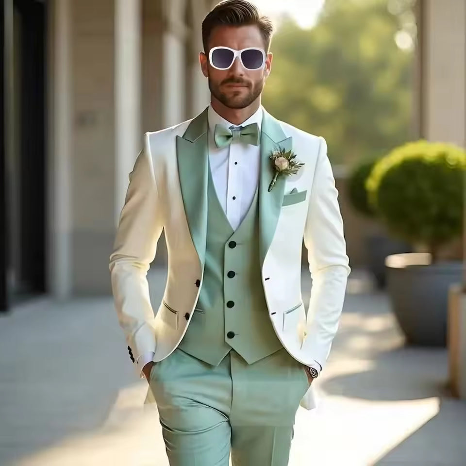 White & Mint Green 3-Piece Men's Wedding Suit