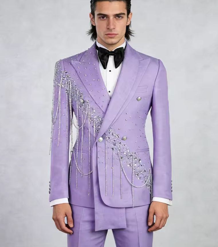 Lilac Rhinestone Tassel Wedding Suit