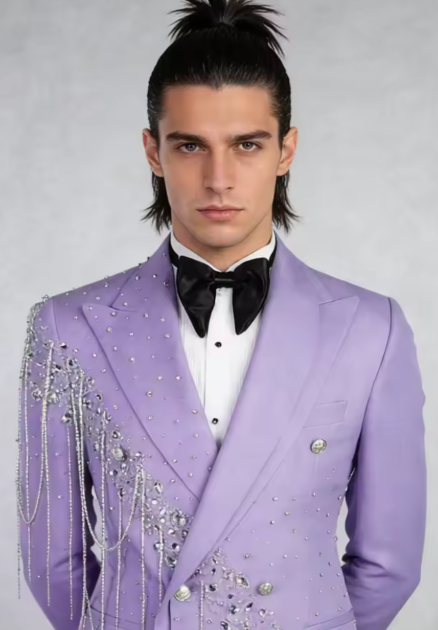 Lilac Rhinestone Tassel Wedding Suit