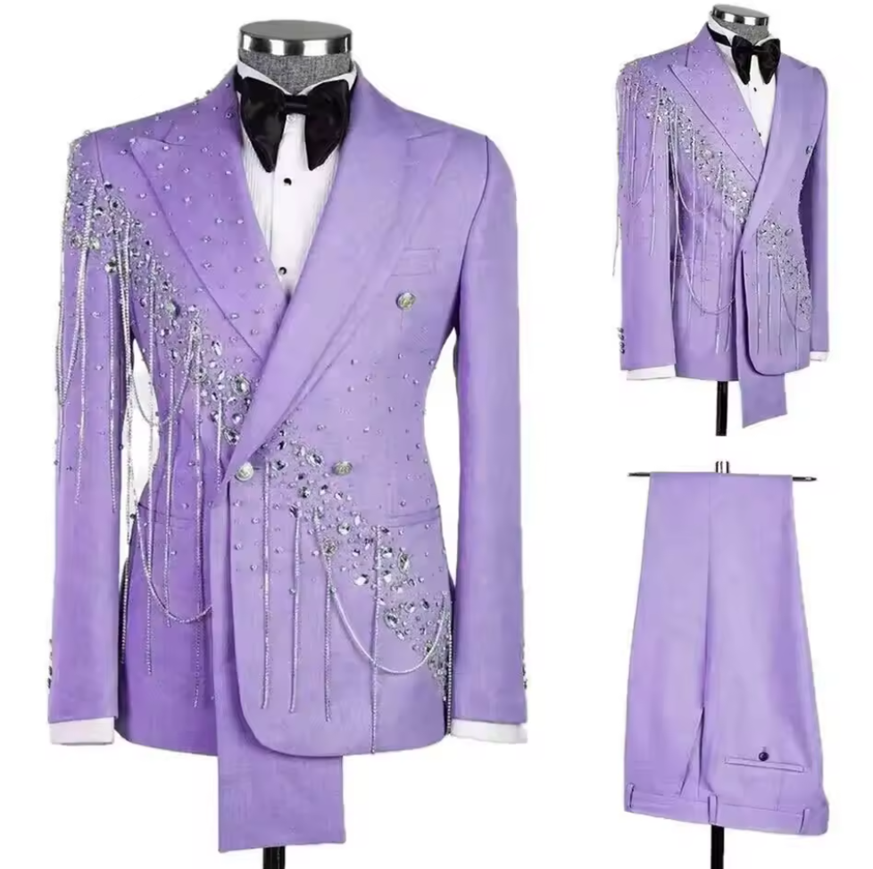 Lilac Rhinestone Tassel Wedding Suit