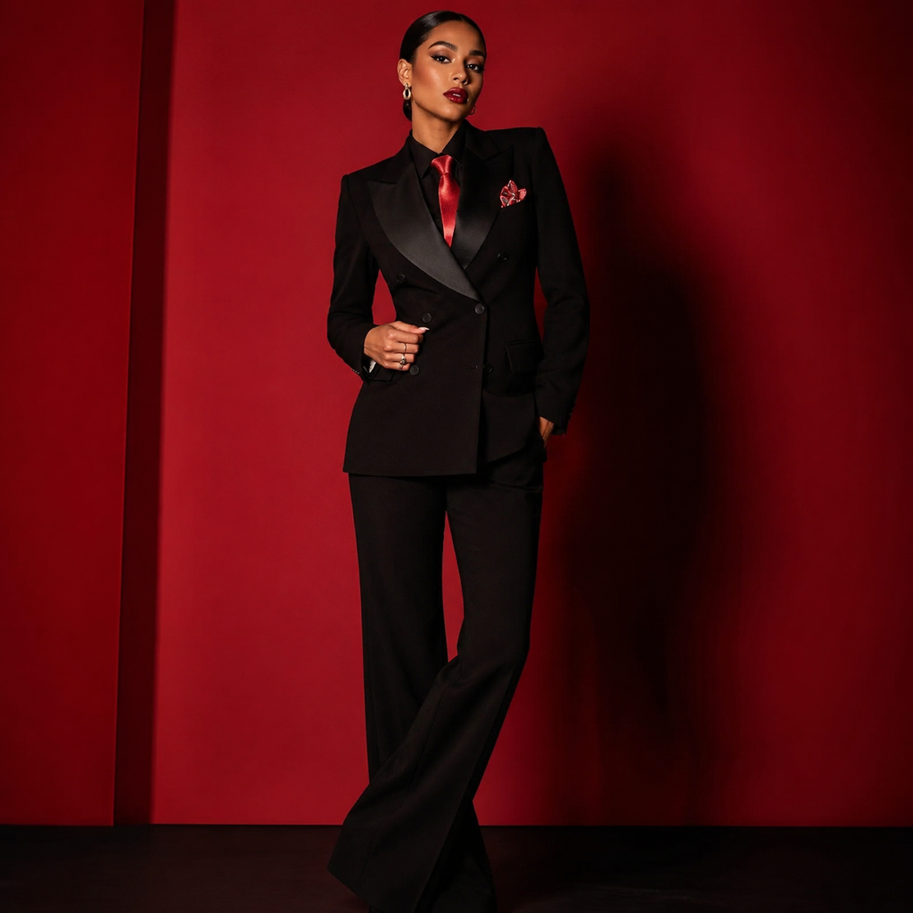 Women's Black Satin Lapel Pantsuit