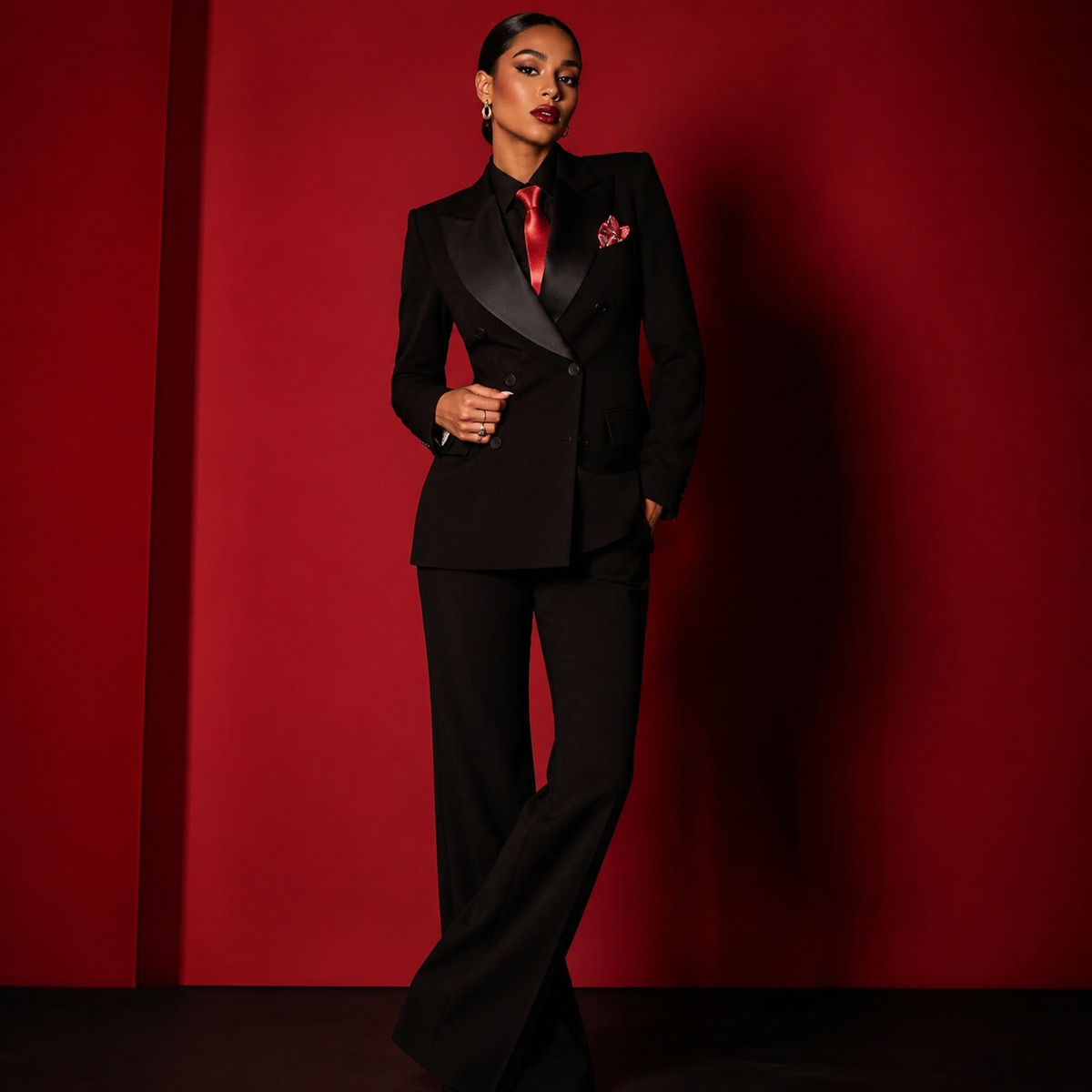 Women's Black Satin Lapel Pantsuit