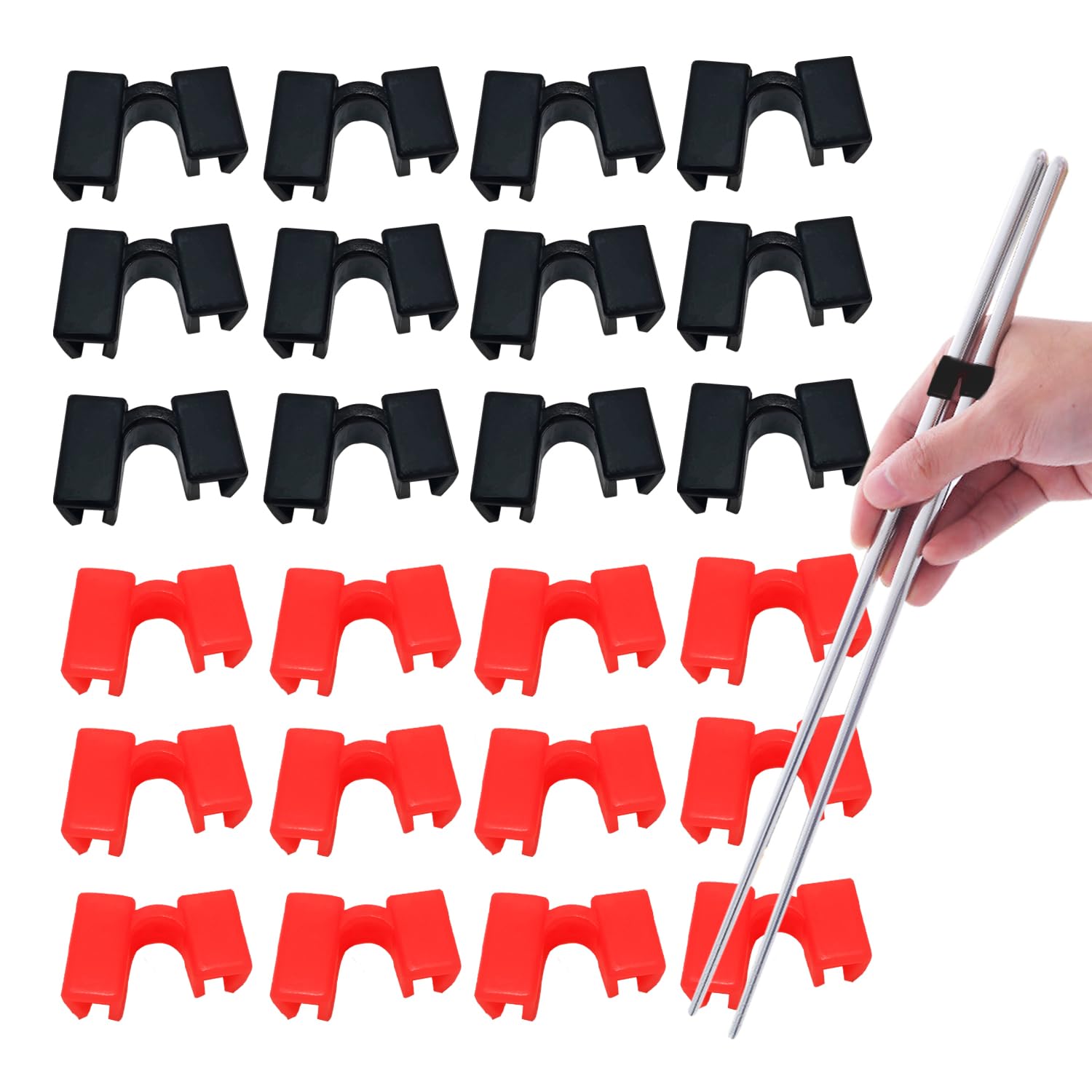 24 Pieces Reusable Kid Training Chopstick Helper for Kids Adults Beginner Learner or Trainers Plastic Practice Chop Stick Pack Hinges Connector for Practice Chopstick (Black 12pcs + Red 12pcs)